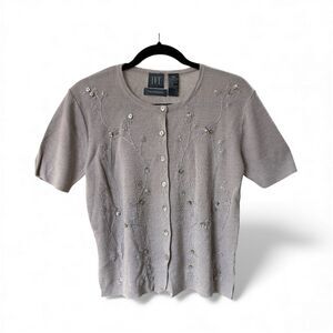I.V.Y. Vintage Hand Embroidered Short‎ Sleeve Button-Up Cardigan Pink Women's SP